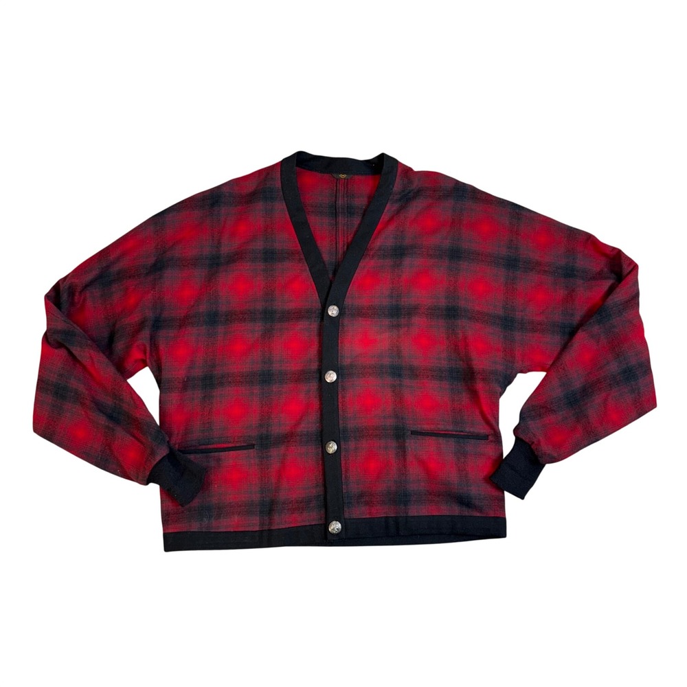 Pendleton Cardigan Mens Medium Red Black Excellent Wool Shadow Plaid Vintage